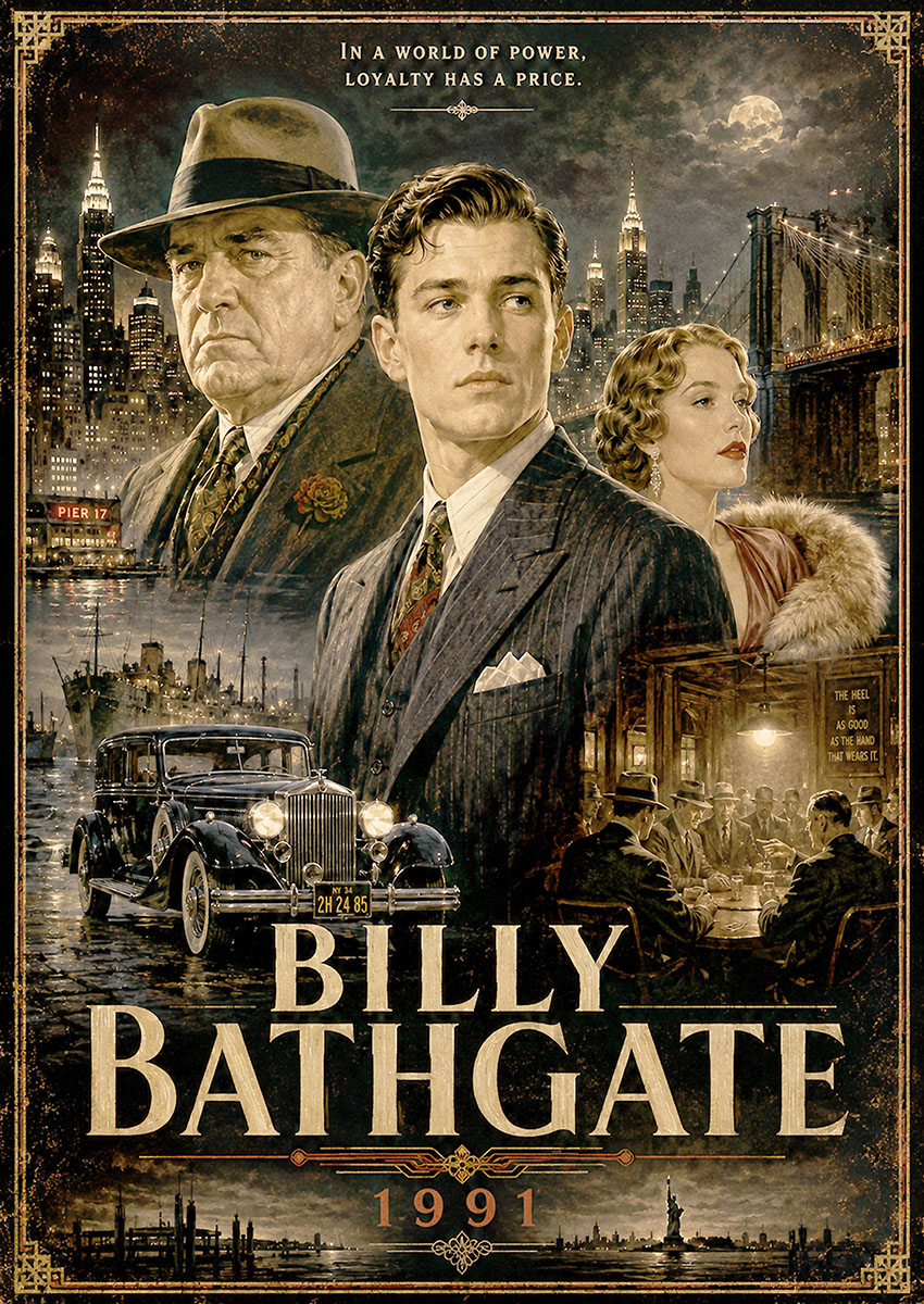 Cinematic poster art for the 1991 movie Billy Bathgate featuring characters and a dark New York cityscape